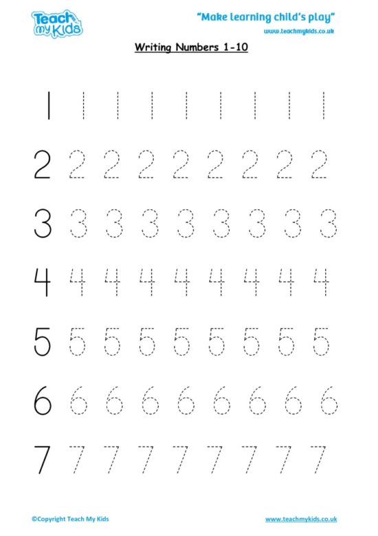 Worksheets for kids - writing numbers 1-10
